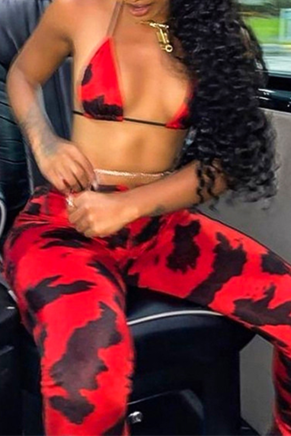 Red Sexy Animal Print Patchwork Spaghetti Strap Sleeveless Two Pieces