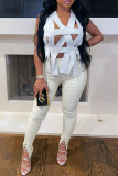 White Sexy Patchwork Solid Hollowed Out Backless V Neck Tops