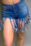 Blue Denim Button Fly Zipper Fly Mid Solid Patchwork Tassel Straight shorts
