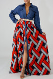 Red Fashion Casual Print Patchwork Turndown Collar Long Sleeve Dresses