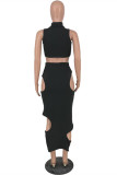 Black Fashion Sexy Solid Hollowed Out Half A Turtleneck Sleeveless Two Pieces