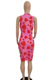 Pink Fashion Sexy Print Hollowed Out U Neck Vest Dress