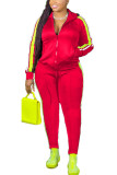 Red Polyester Fashion Casual adult Ma'am Patchwork Solid Two Piece Suits pencil Long Sleeve Two Pieces