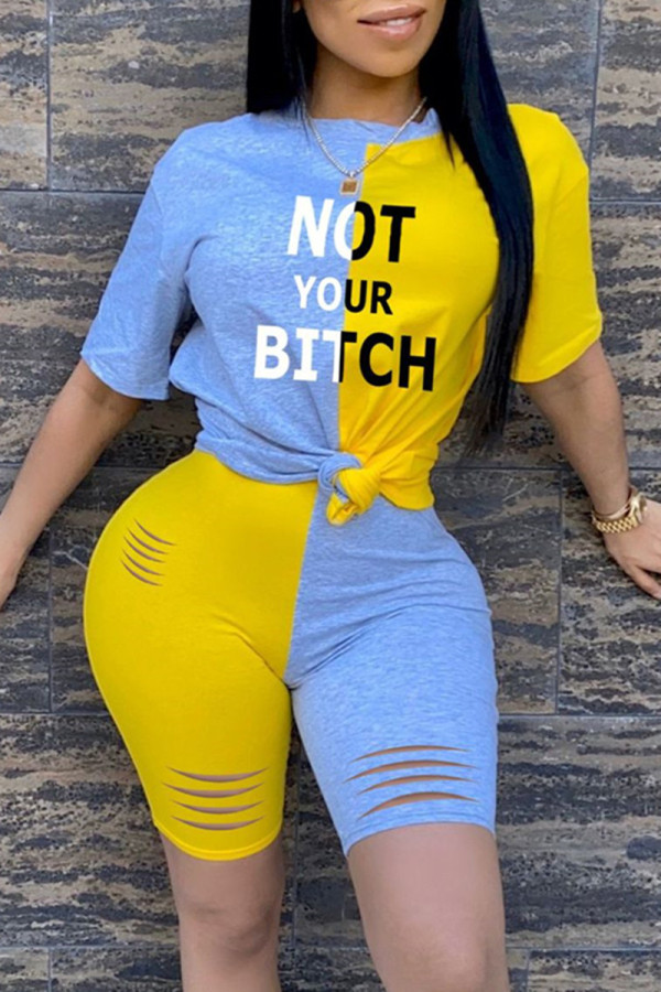 Yellow Fashion Casual Letter Print Ripped Patchwork O Neck Short Sleeve Two Pieces