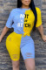 Yellow Fashion Casual Letter Print Ripped Patchwork O Neck Short Sleeve Two Pieces