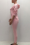 Pink Drawstring Mid Solid pencil Pants Two-piece suit