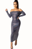 Grey Sexy Off The Shoulder Long Sleeves One word collar Step Skirt Ankle-Length hollow out Soli