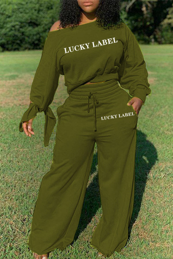 Army Green Sexy Blends Letter Print Solid Draw String Frenulum Pullovers Pants Oblique Collar Long Sleeve Regular Sleeve Regular Two Pieces