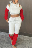 Red Fashion Casual Patchwork Solid Ripped Patchwork Pants Hooded Collar Long Sleeve Regular Sleeve Short Two Pieces