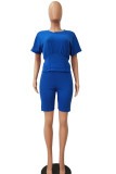 Blue Cotton Fashion Casual adult Ma'am Patchwork Solid Two Piece Suits pencil Short Sleeve Two Pieces