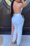 White Sexy Solid Mesh Strapless Skinny Jumpsuits