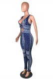 Blue Fashion Sexy Strap Design V Neck Skinny Jumpsuits