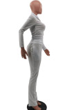 White Cotton Blends Solid Zippered Straight Long Sleeve Two Pieces