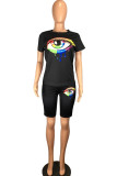 Black Polyester adult Fashion Sexy Eyes Printed Print Two Piece Suits Patchwork Straight Short Sleeve Two
