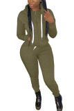 Army Green Fashion Casual Adult Polyester Solid Pocket Hooded Collar Long Sleeve Regular Sleeve Regular Two Pieces
