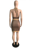 Brown Fashion Patchwork Backless Halter Sleeveless Dress