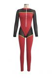 rose red Sexy Fashion perspective Patchwork Mesh zipper Polyester Long Sleeve V Neck Jumpsuits