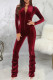 Wine Red Fashion Casual Solid Fold Zipper Collar Regular Jumpsuits