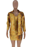 Yellow venetian Sexy Two Piece Suits Print pencil Nine Sleeves Two-Piece Dress