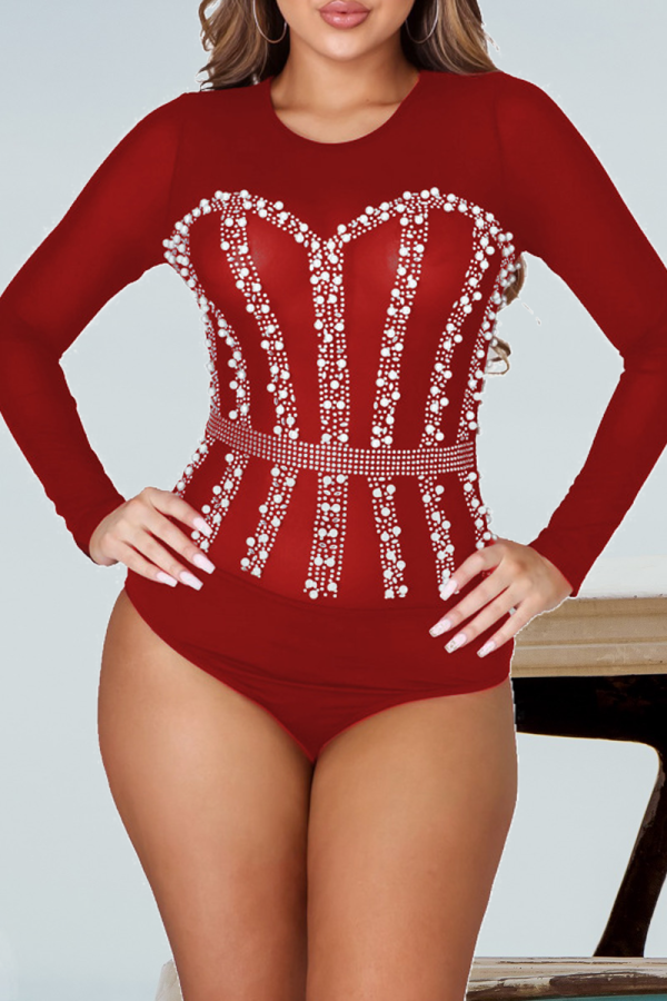 Red Sexy Solid Pearl O Neck Skinny Bodysuits