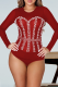 Red Sexy Solid Pearl O Neck Skinny Bodysuits