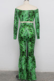 Green Polyester Sexy Print Patchwork Two Piece Suits Boot Cut Long Sleeve Two-piece Pants Set