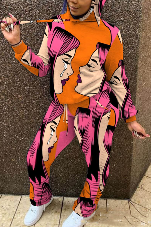 Orange Street Print Patchwork Hooded Collar Long Sleeve Two Pieces