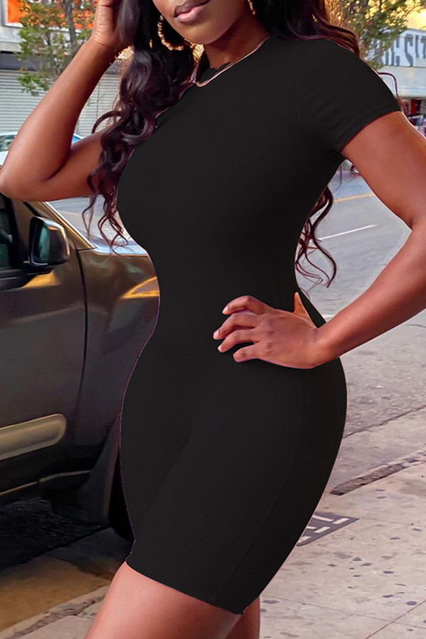 Black Casual Solid Basic O Neck Short Sleeve Romper