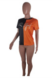 Black Orange Fashion Casual Print Split Joint O Neck T-Shirts