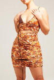 Orange Sexy Patchwork Print Hollowed Out Frenulum Backless Asymmetrical Spaghetti Strap Straight Dresses