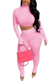 Pink Fashion Sexy Adult Polyester Solid Split Joint Turtleneck Long Sleeve Cap Sleeve Short Two Pieces