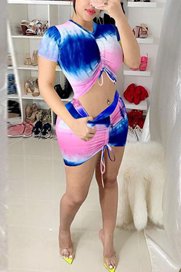 Dark Blue Fashion Casual Print Tie Dye Draped Two Piece Suits pencil Short Sleeve Two Pieces