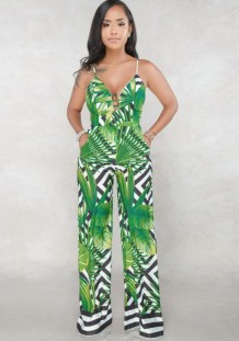 Green Polyester Hollow Out Print Casual Fashion Jumpsuits & Rompers
