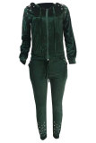 Dark green Drawstring Long Sleeve Mid Pearl Solid pencil Pants Two-piece suit