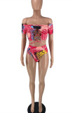 Red Yellow Fashion Sexy Print Hollowed Out Backless Strap Design Swimwears