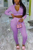 Light Purple Fashion Casual Adult Polyester Solid Split Joint O Neck Long Sleeve Regular Sleeve Short Two Pieces