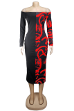 Red Casual Print Patchwork Bateau Neck Wrapped Skirt Dresses