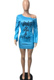 Sky Blue Fashion Street Adult Print Letter Oblique Collar Long Sleeve Mini Printed Dress Dresses