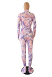 Pink Fashion Sexy Print Hollowed Out Turtleneck Long Sleeve Two Pieces