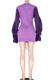 purple Polyester Casual Bubble sleeves Long Sleeves O neck Hip skirt skirt ruffle Solid hollow out Patchwor