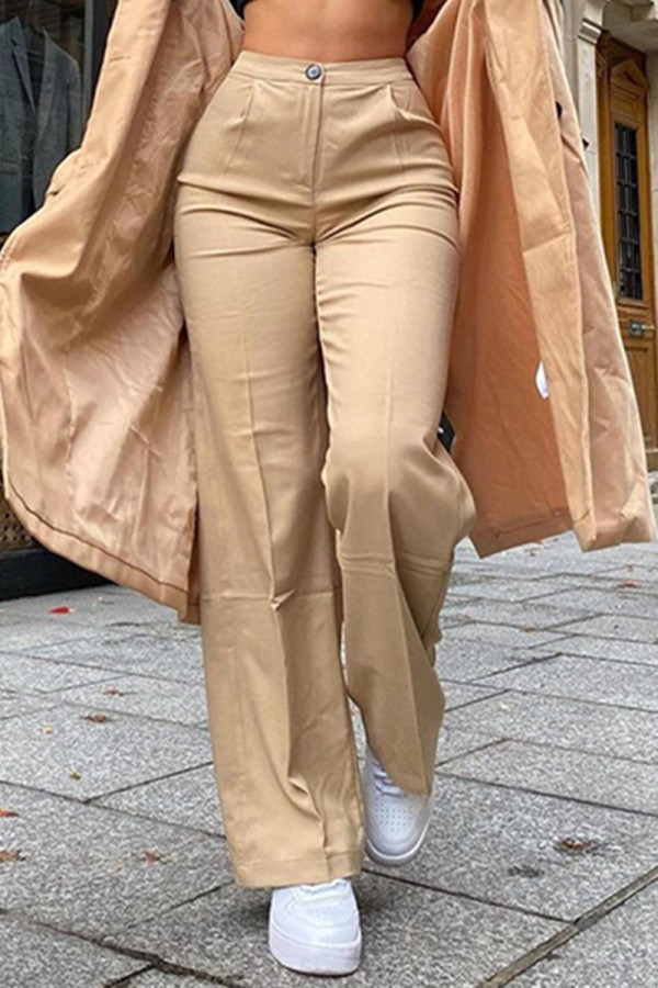 Khaki Fashion Casual Solid Basic High Waist Straight Trousers