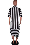Black Polyester Fashion Casual Short Sleeves Turndown Collar Straight Mini Striped Print Dresses