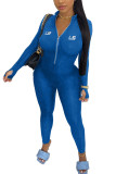 Blue Fashion Sportswear Adult Letter Embroidered Letter O Neck Skinny Jumpsuits