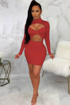 Red Fashion Sexy Cap Sleeve Long Sleeves O neck Pencil Dress skirt Patchwork Solid