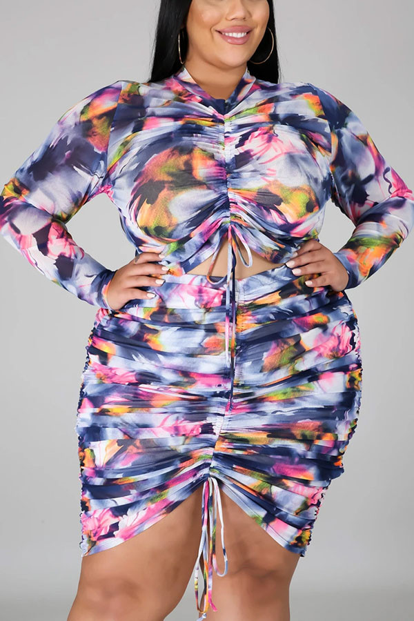 Multi-color Daily Twilled Satin Print Fold Shirt Collar Wrapped Skirt Plus Size