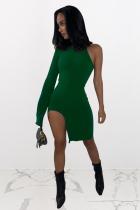 Green Fashion adult Street One Shoulder Long Sleeves one shoulder collar Step Skirt Knee-Length