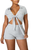 Light Blue Fashion Sexy Patchwork bandage Hollow Solid Short Sleeve V Neck Jumpsuits