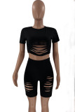 Blue Casual Solid Ripped Asymmetrical O Neck Short Sleeve Two Pieces