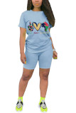 Light Blue Fashion Casual Print Straight Short Sleeve Two Pieces