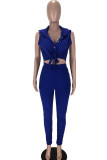 Dark Blue OL Two Piece Suits Solid pencil Sleeveless Two-piece Pants Set